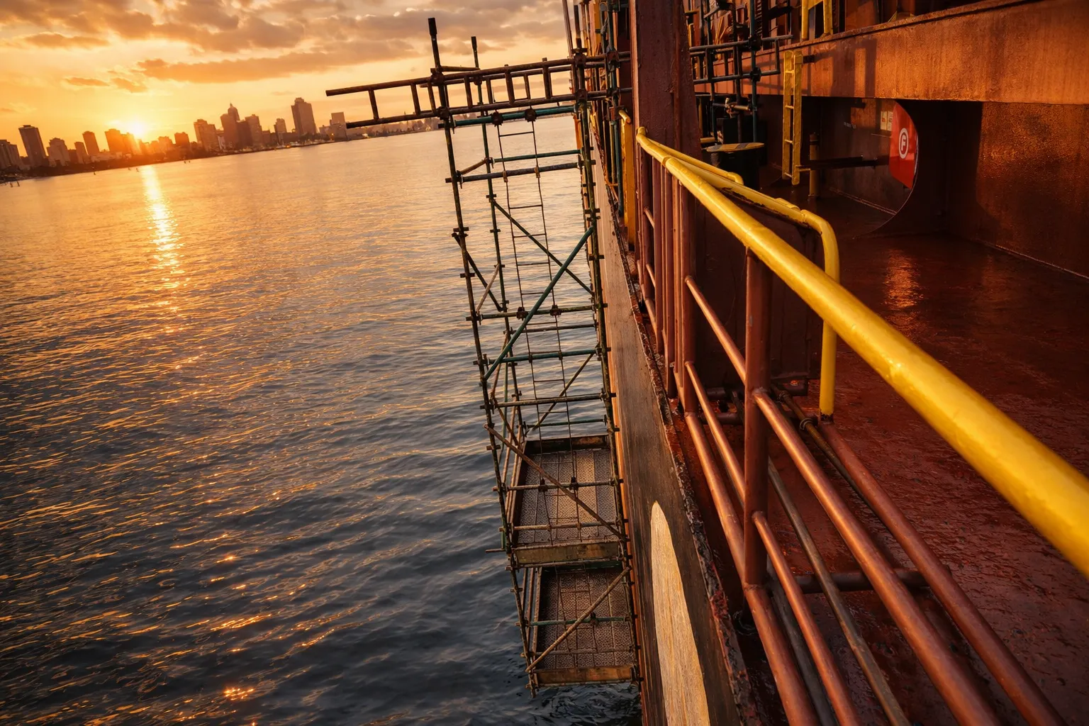 Overboard side suspended scaffold platform along hull